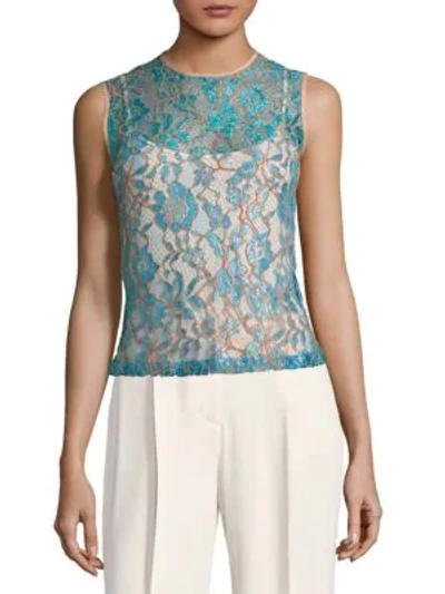 Shop Msgm Floral Lace Tank Top In Light Blue