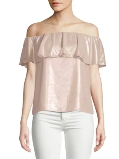 Shop Scripted Metallic Off-the-shoulder Blouse In Light Pink