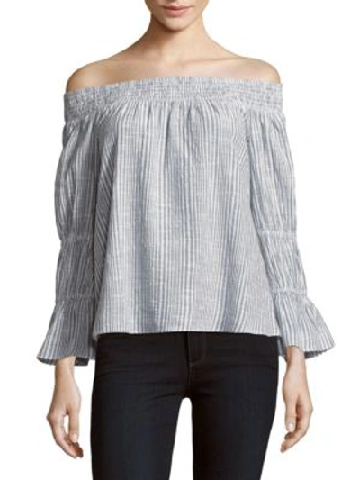 Shop Loveshackfancy Daisy Off-the-shoulder Neckline Striped Cotton Top In Grey Multi