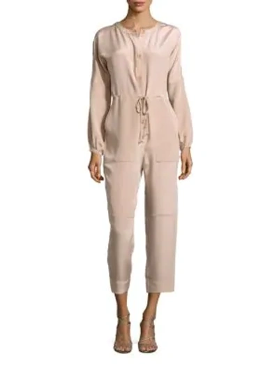 Shop Tibi Button-down Silk Cropped Jumpsuit In Sand