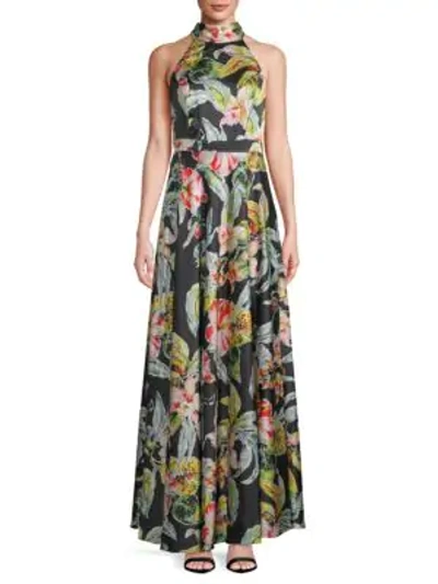 Shop Nicole Miller Floral-print Floor-length Gown In Black Multi