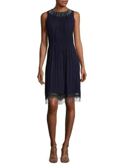 Shop Elie Tahari Demetria Metallic Fringe Accented Roundneck Dress In Navy