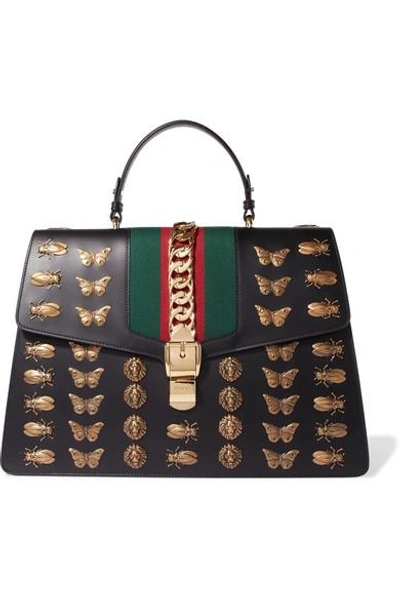 Shop Gucci Sylvie Large Chain-embellished Leather Tote In Black