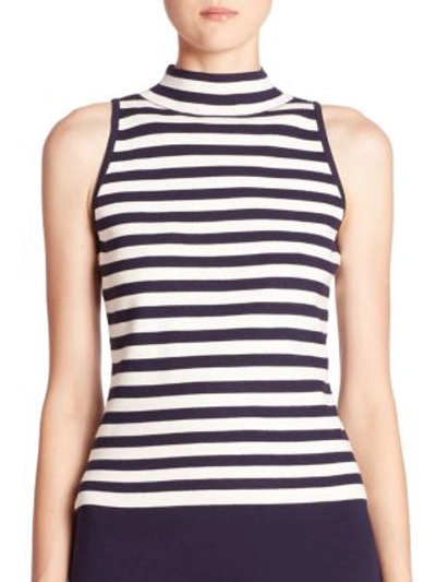Shop Milly Striped Sleeveless Mockneck Top In Navy