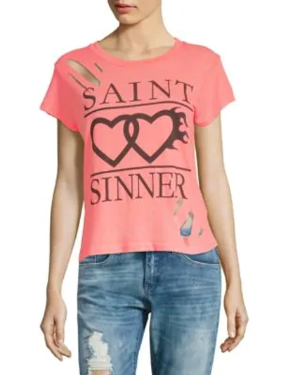 Shop Wildfox Distressed Cotton Tee In Neon Pink