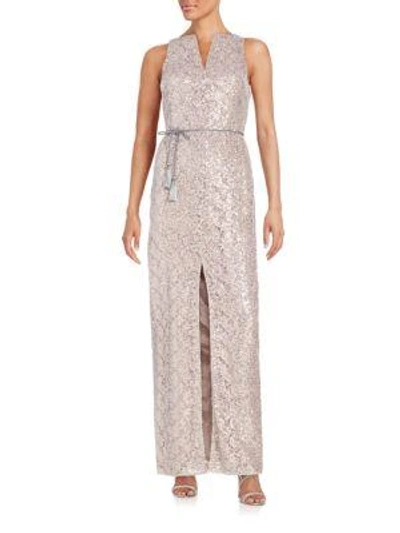 Shop Kay Unger Sequined Front-slit Gown In Mauve