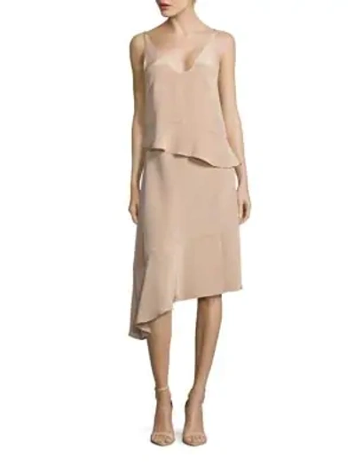 Shop Tibi Ruffled V-neck Sleeveless Silk Dress In Sand