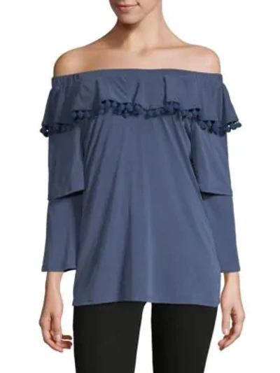 Shop Love Scarlett Tiered-sleeve Off-the-shoulder Top In Navy Blue