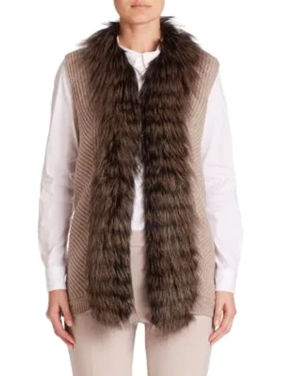 Shop Peserico Fox Fur-trim Ribbed Vest In Taupe