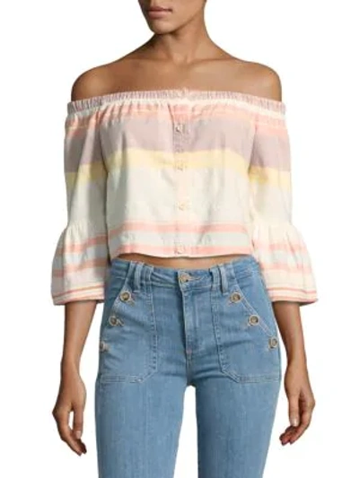 Shop Mother Striped Off-the-shoulder Cotton Top In Sweet Sout