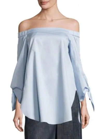 Shop Tibi Satin Poplin Off-the-shoulder Top In Morning Blue