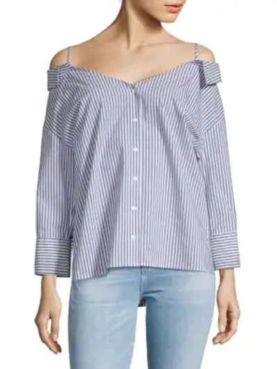 Shop Collective Concepts Off-shoulder Stripe Shirt In Blue-white