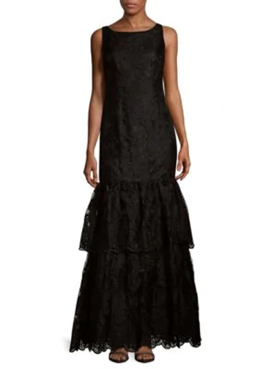 Shop Adrianna Papell Tiered Embroidered Dress In Black