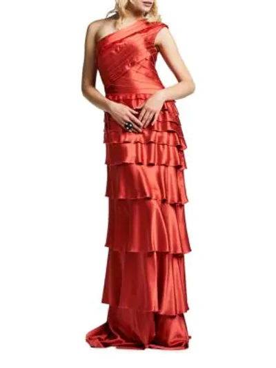 Shop Kay Unger One-shoulder Tiered Gown In Watermelon