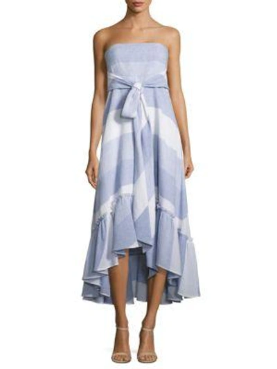 Shop Prose & Poetry Nash Striped Tie-front Strapless Dress In Blue Linen