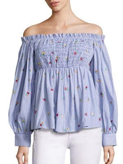 Shop Suno Smocked Cotton Off-the-shoulder Top In Striped