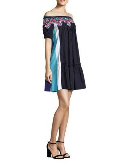 Shop Peter Pilotto Off-the-shoulder Paneled Lace Dress In Navy
