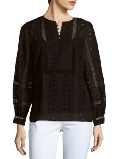 Shop Oscar De La Renta Long-sleeve Cotton Top In Black