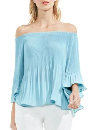 Shop Vince Camuto Pleated Off-the-shoulder Blouse In Aqua