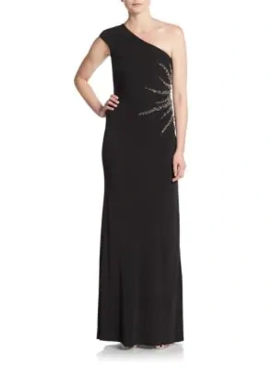 Shop David Meister Embellished One-shoulder Dress In Black