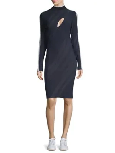 Shop Versace Ribbed Sheath Dress In Navy