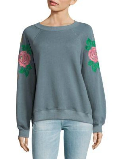 Shop Wildfox Embroidered Rose Sweatshirt In Vision Blue