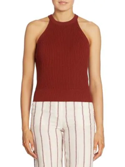 Shop Theory Waxson Prosecco Rib-knit Halter Top In Burnt Paprika