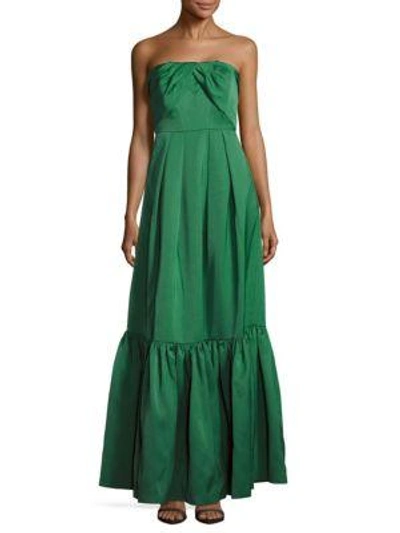 Shop Zac Posen Pleated Strapless Flounce Gown In Emerald