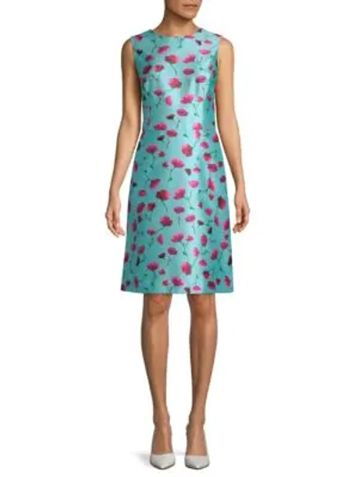 Shop Oscar De La Renta Floral-print Knee-length Dress In Aquamarine