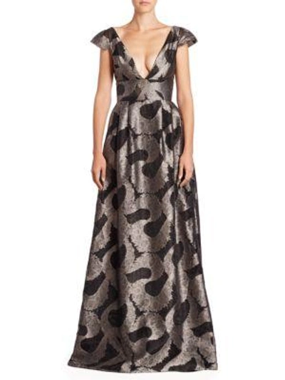 Shop Monique Lhuillier Paisley Jacquard A-line Gown In Black/dove