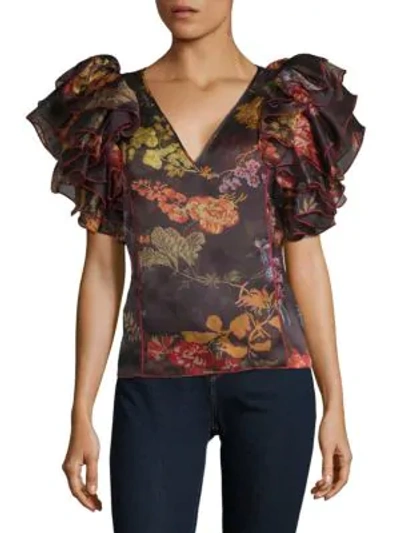 Shop Rosie Assoulin Dust Ruffle Silk Top In Raisin Flower