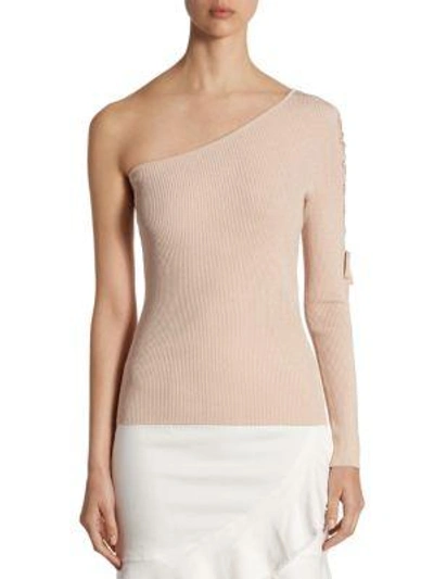 Shop Scripted Lace-up One-shoulder Sweater In Blush