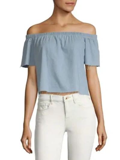 Shop Mother Off-the-shoulder Cotton Top In Blue