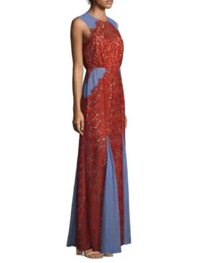 Shop Bcbgmaxazria Marlyn Lace Colorblock Long Dress In Blue Combo