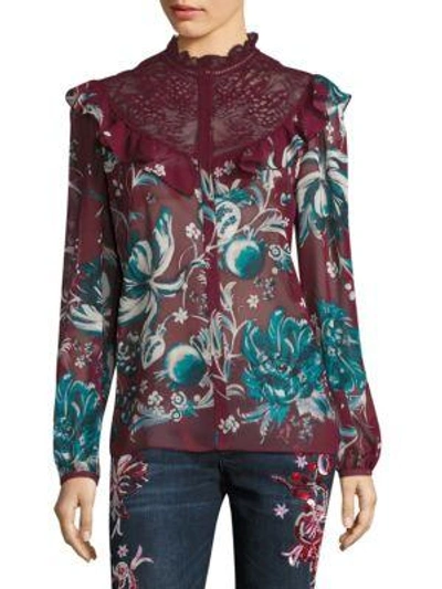 Shop Roberto Cavalli Silk Floral-lace Blouse In Red