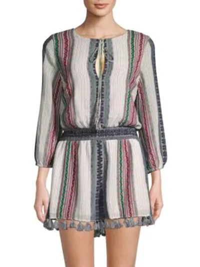 Shop Alice And Olivia Nance Embroidered Smocked-waist Cotton Romper In Beige Multi