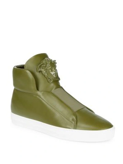 Shop Versace Solid Leather High-top Sneakers In Sage