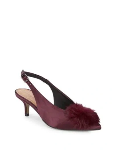 Shop Saks Fifth Avenue Satin & Faux-fur Kitten-heel Slingback Pumps In Bordeaux