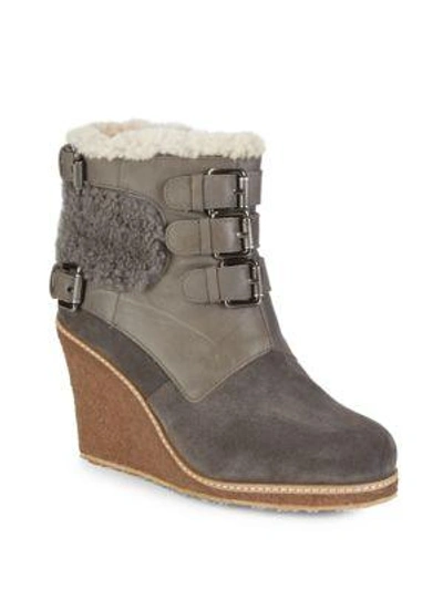 Shop Australia Luxe Collective Monk Strap Shearling Wedge Boots In Grey