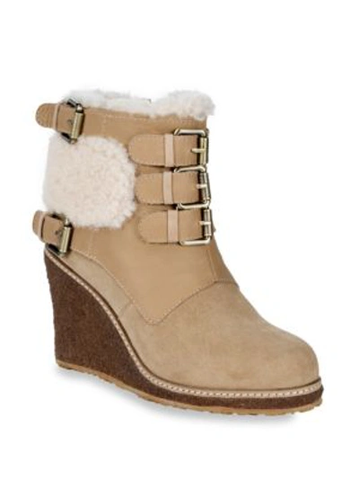 Shop Australia Luxe Collective Monk Strap Shearling Wedge Boots In Sand