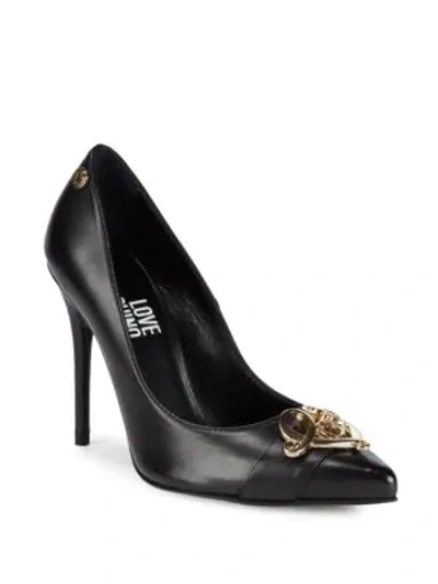 Shop Love Moschino Point Toe Leather Pumps In Black