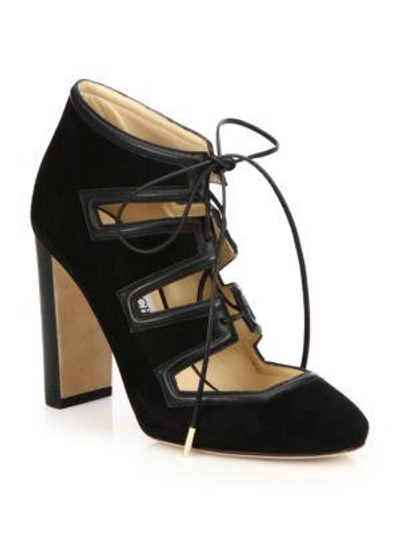 Shop Jimmy Choo Latch 100 Suede & Leather Lace-up Pumps In Black