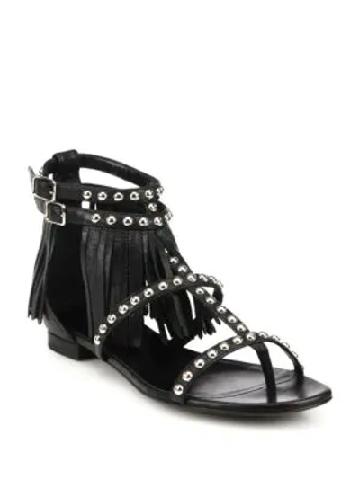 Shop Saint Laurent Studded Leather Fringe-trimmed Sandals In Black