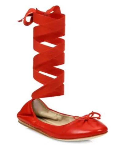 Shop Saks Fifth Avenue Leather Ankle-wrap Ballet Flats In Red