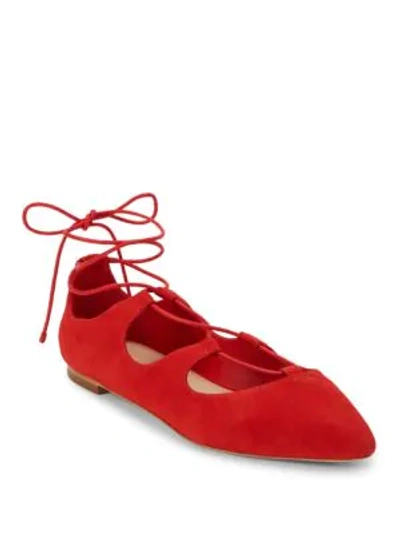 Shop Loeffler Randall Ambra Point Toe Suede Lace-up Flats In Poppy