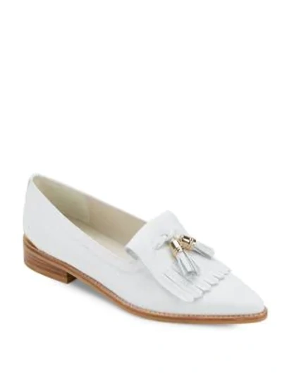 Shop Stuart Weitzman Verve Leather Tassle Loafers In White