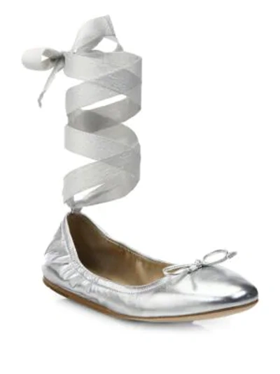 Shop Saks Fifth Avenue Metallic Leather Ankle-wrap Ballet Flats In Silver