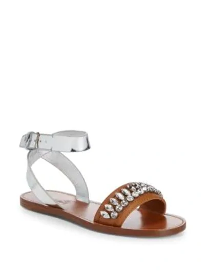 Shop Miu Miu Crystal Flat Leather Sandal In Silver