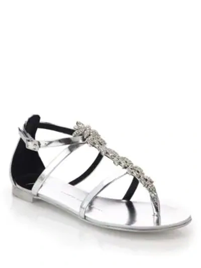 Shop Giuseppe Zanotti Crystal Leaf Metallic Leather Sandals In Argento