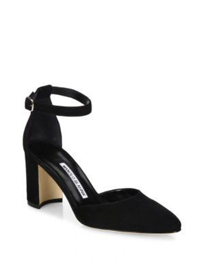Shop Manolo Blahnik Lausam Suede Ankle-strap Block Heel Sandals In Black